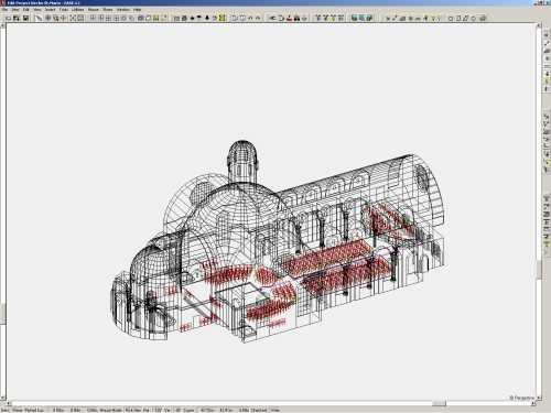 3D-Computermodell der Kirche St. Maria-Neudorf in EASE: Kirchenraum mit Bestuhlung und Altären