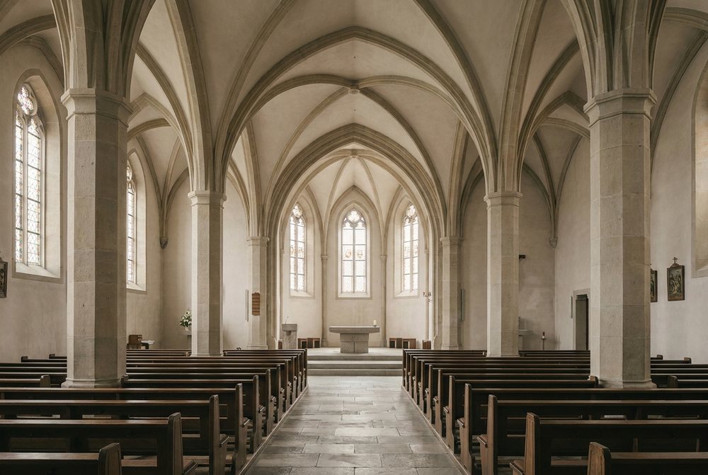 Innenraum einer Kirche mit Gewölbe und Kirchenbänken