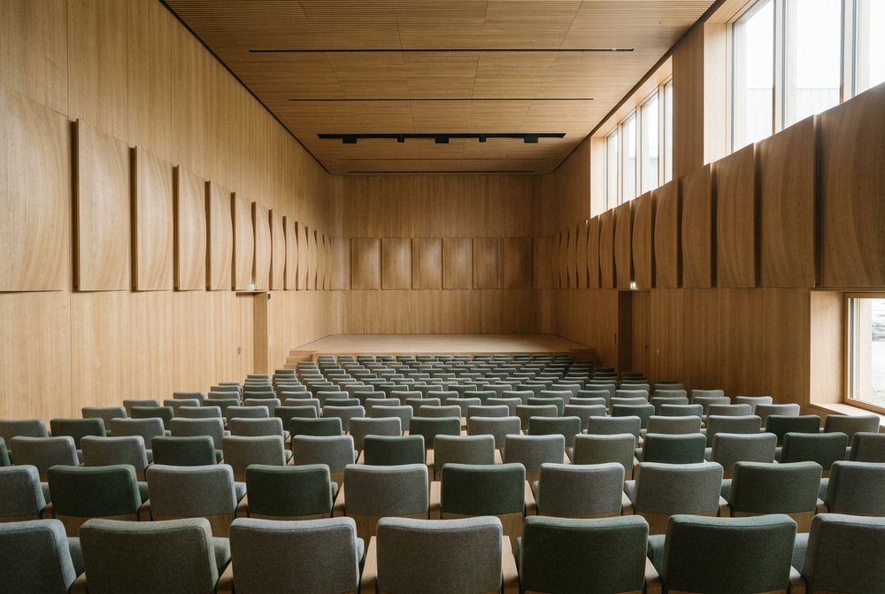 Konzertsaal mit Holzverkleidung und schallstreuenden Wandelementen