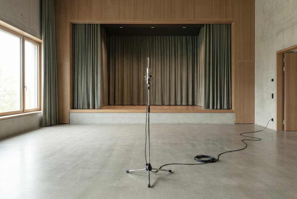 Messmikrofon auf Stativ in einem leeren Saal