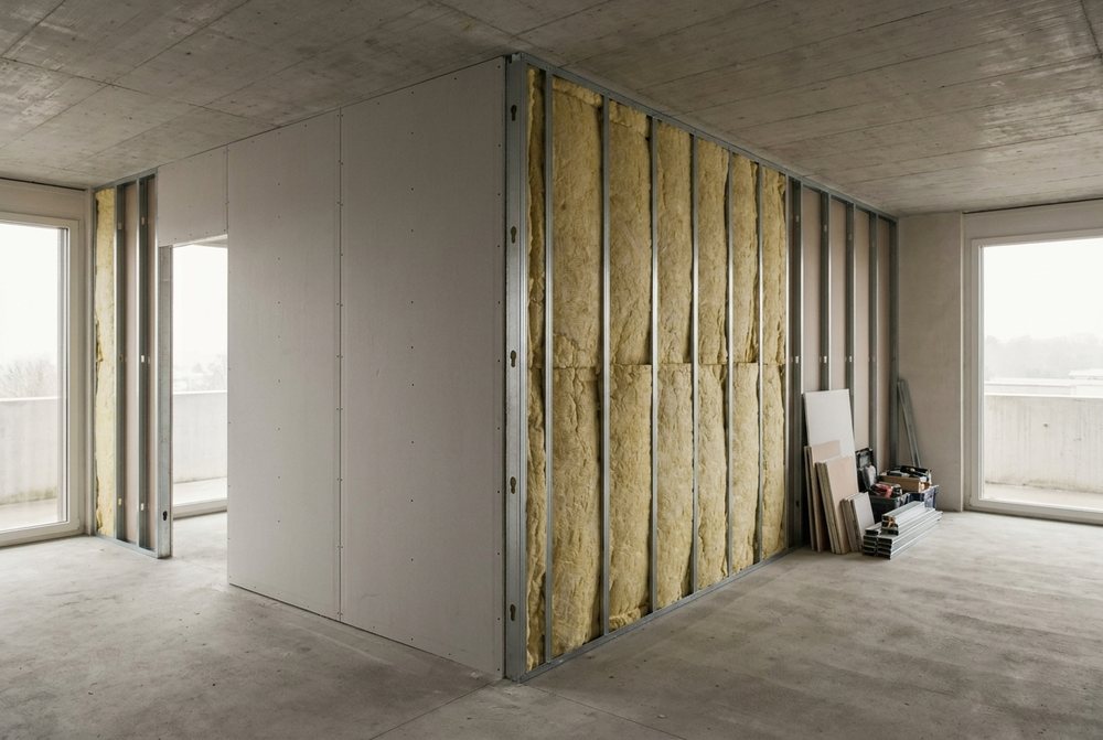 Leichtbau-Trennwand mit Mineralwolle während des Baus